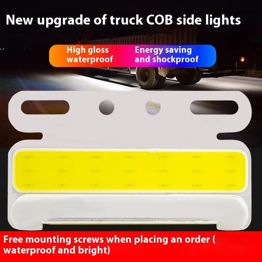 COB LED truck side light in aluminium alloy housing, showing red, yellow, green, blue, or white options for 12V and 24V vehicles