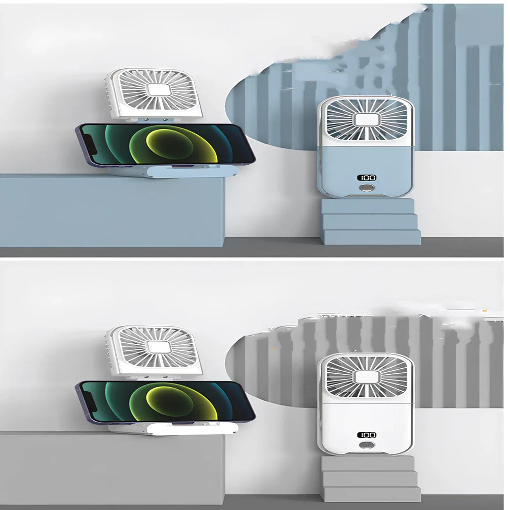 F30Pro folding portable handheld fan in white with digital display, 169x81x20mm size, USB charging, plastic blades for cooling