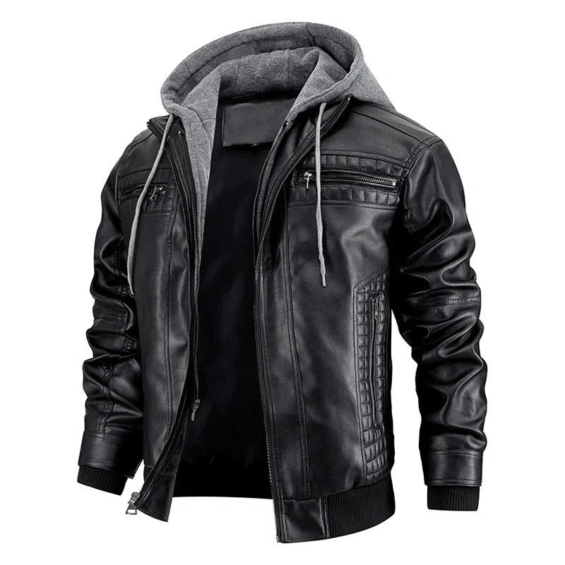 Men's black and brown hooded PU leather jacket with zipper pockets