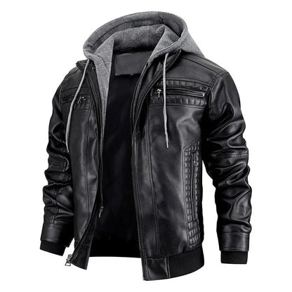Men's black and brown hooded PU leather jacket with zipper pockets