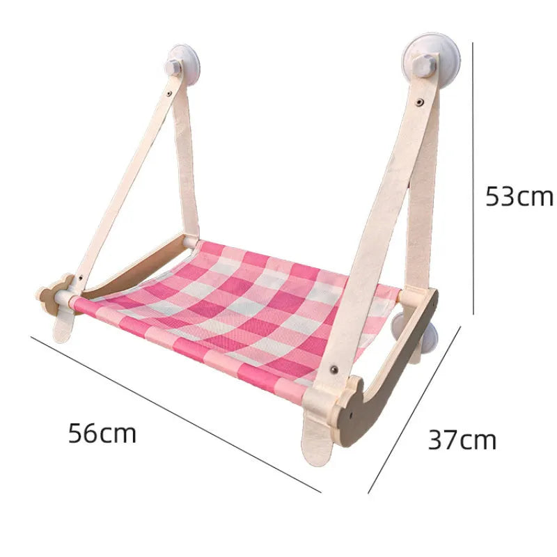 Cat window hammock bed with strong suction cups, sturdy wooden frame, and linen fabric measuring 56cm x 53cm x 37cm, providing a stable and roomy seat for large cats to rest and look outside.