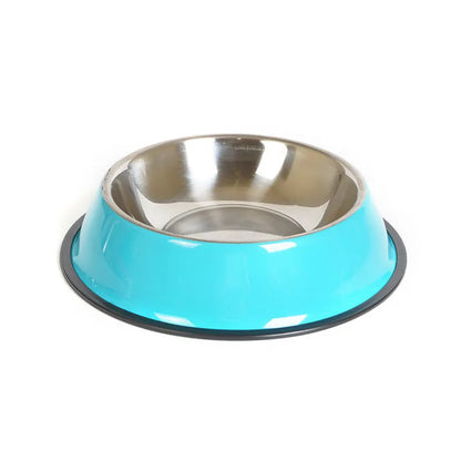 Stainless steel pet bowl with colourful melamine exterior in various sizes with non-slip rubber base