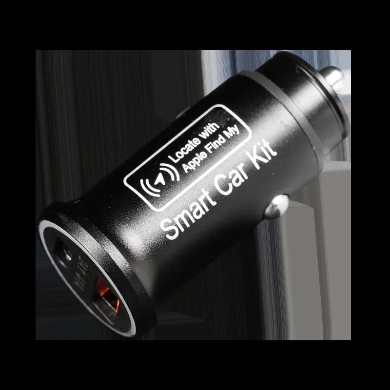 Black car charger locator GPS device with plug for 12V socket, made of ABS plastic