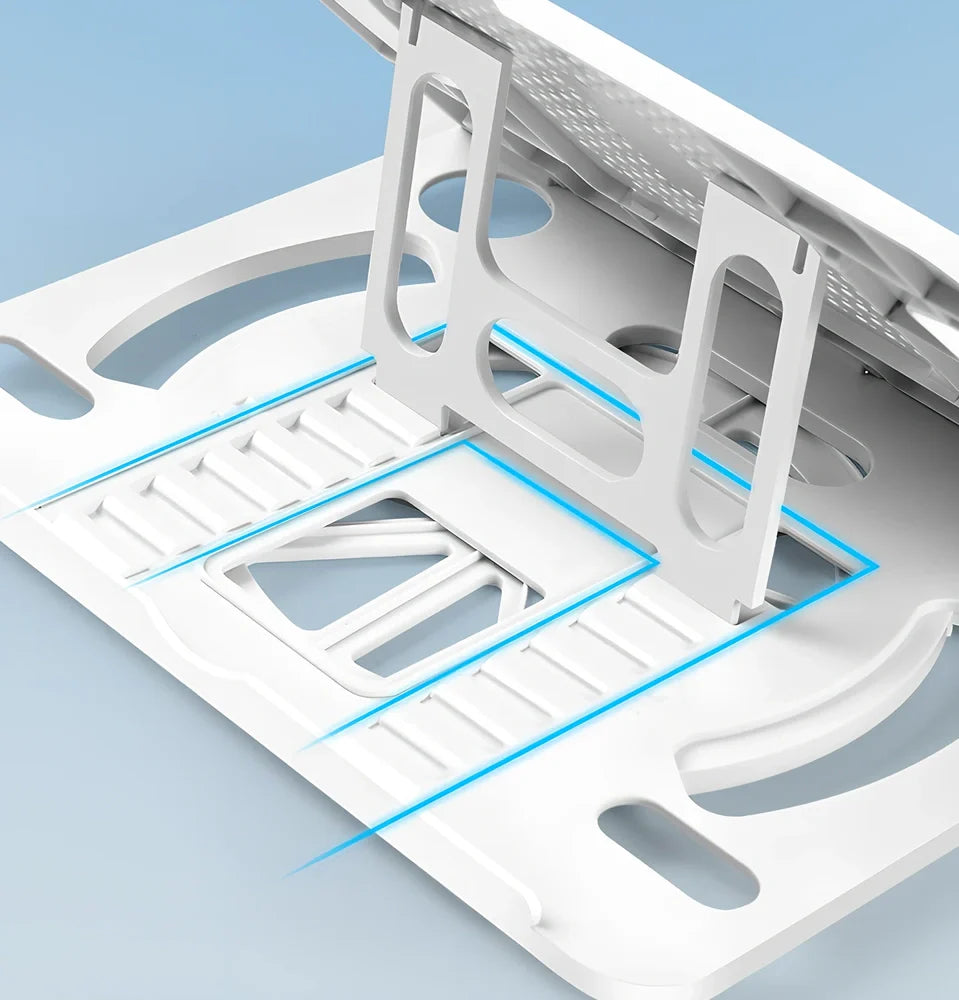 Black portable laptop stand with eight adjustable height settings expanded to 220mm width