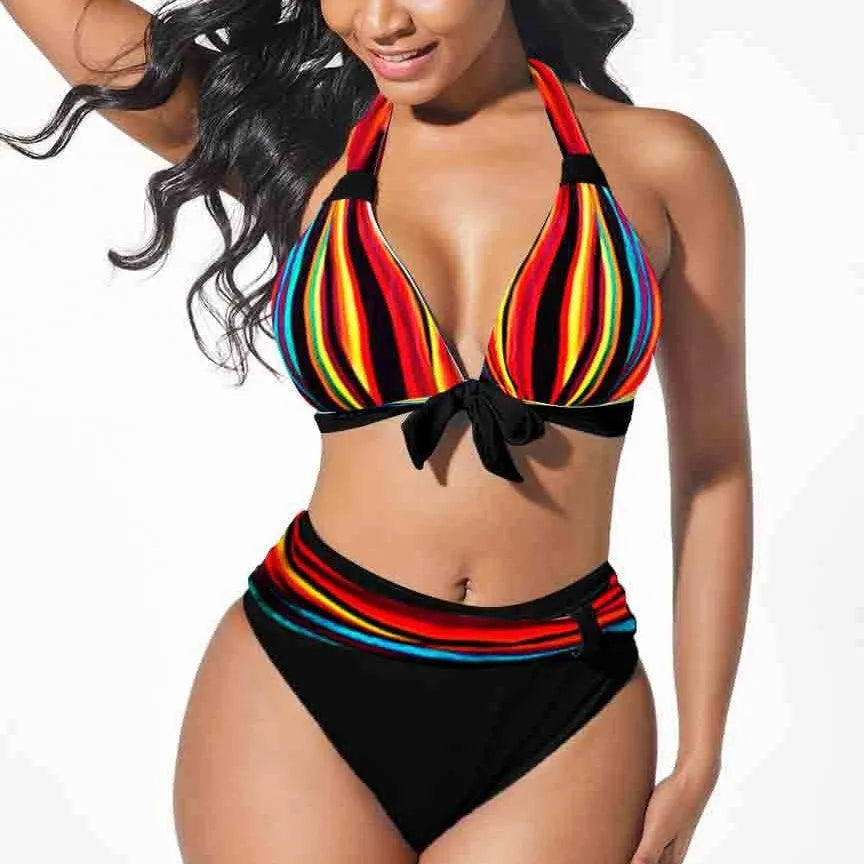 Women's colourful printed plus size bikini swimsuit with stretch spandex lining in various size options