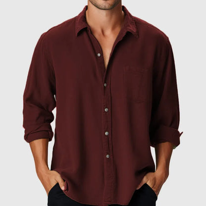 Pure Colour men's loose-fit beach shirt with stand collar and long sleeves in polyester fabric, showing colour options and sizing range