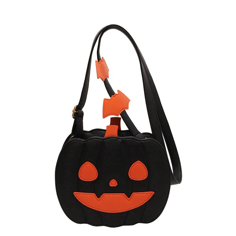 Stylish Halloween crossbody bag with pumpkin cartoon and bat design, available in multiple vibrant colors