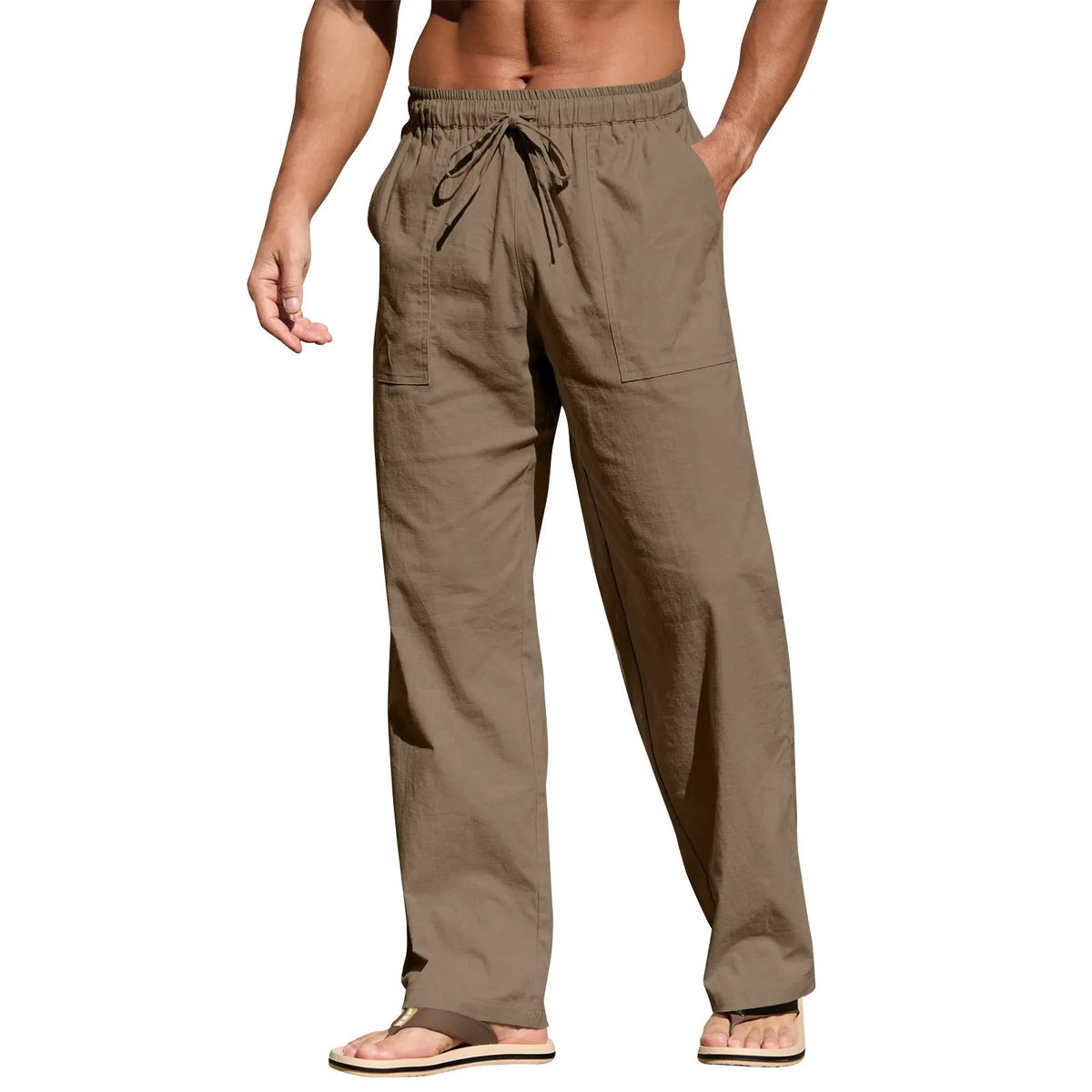 Men's straight leg cotton linen beach trousers with drawstring elastic waist