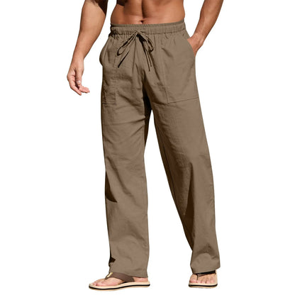 Men's straight leg cotton linen beach trousers with drawstring elastic waist