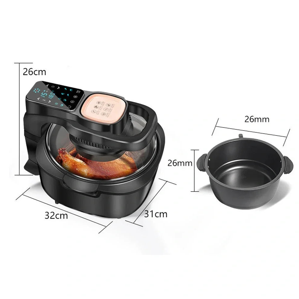 Green air fryer with touch controls measuring 335x325x295mm with 6-litre capacity