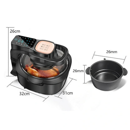 Green air fryer with touch controls measuring 335x325x295mm with 6-litre capacity