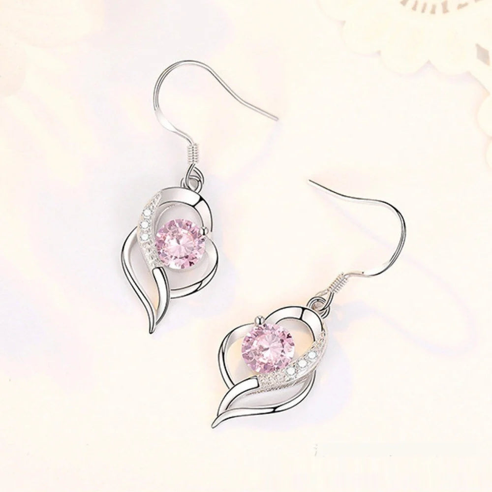 Heart-shaped ear hooks with micro inlaid zircon stones in three colour options