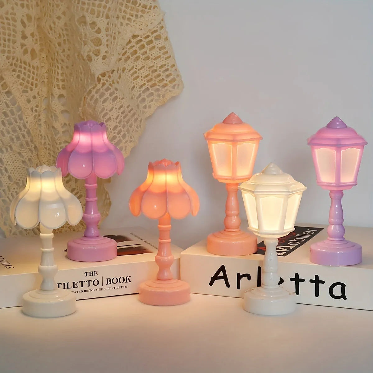 Retro pagoda styled night lamp with geometric design in light purple colour