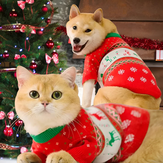 Red wool Christmas pet sweater with snow elk design, sizes XS to XL for cats and dogs