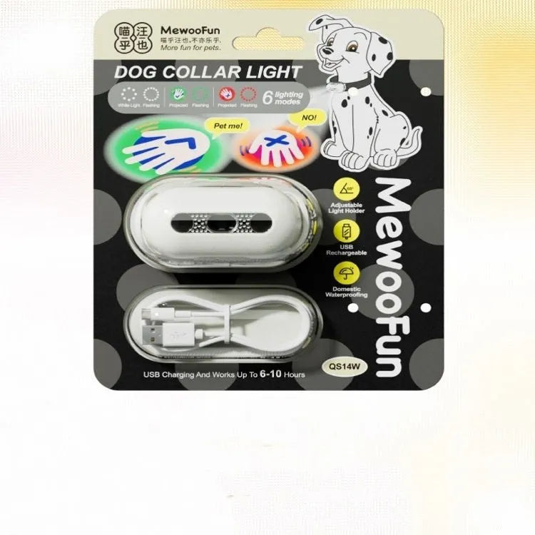 Pet luminous collar light with multicolour LED patterns and hanging ring for dog collar attachment