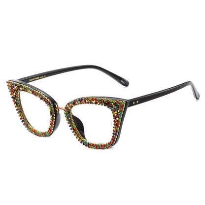 A97093 Cat Eye Anti Blue Light Glasses for Women in Bright Black White Diamond and Colorful Crystals