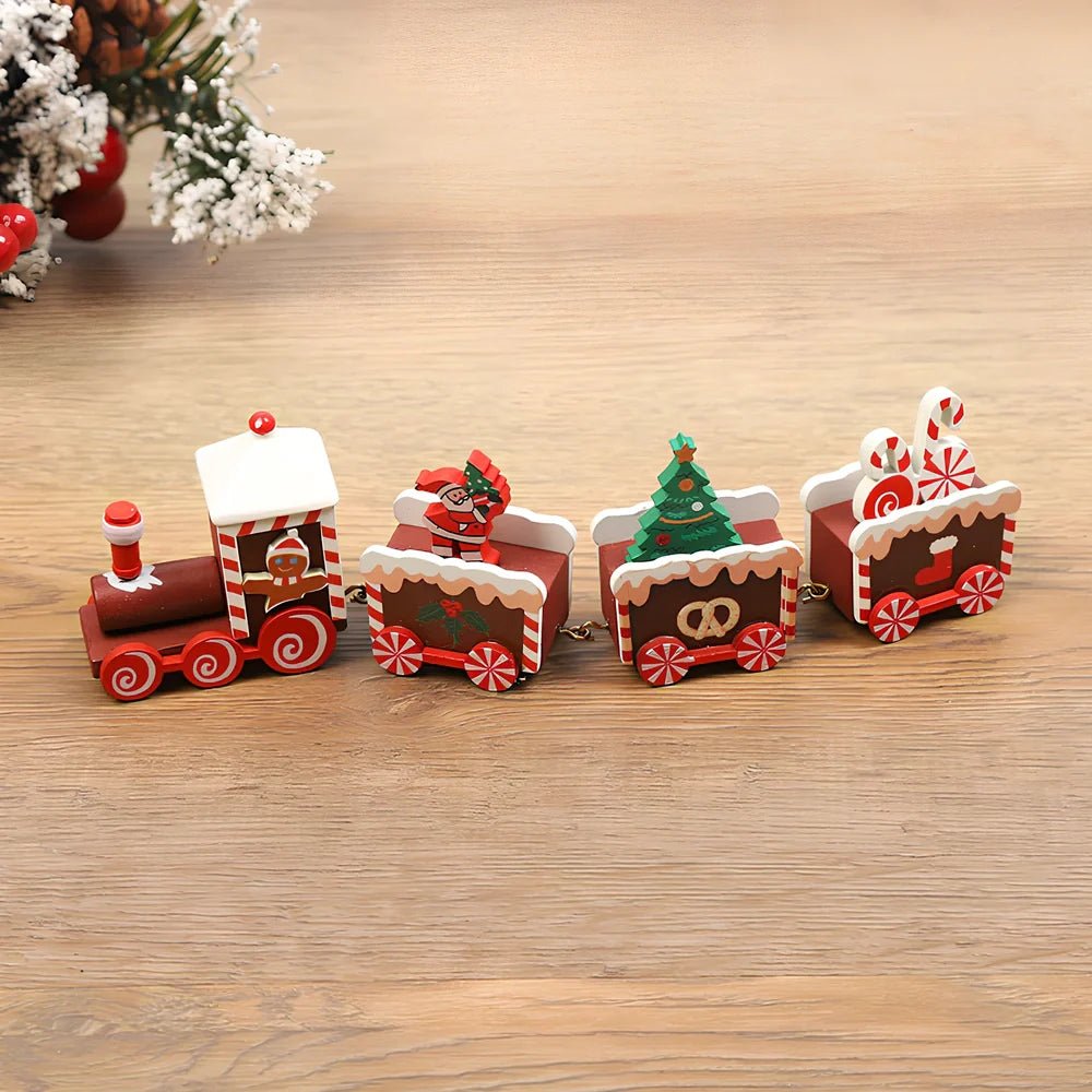 Christmas wooden train window decoration with manual craftsmanship and cartoon styling
