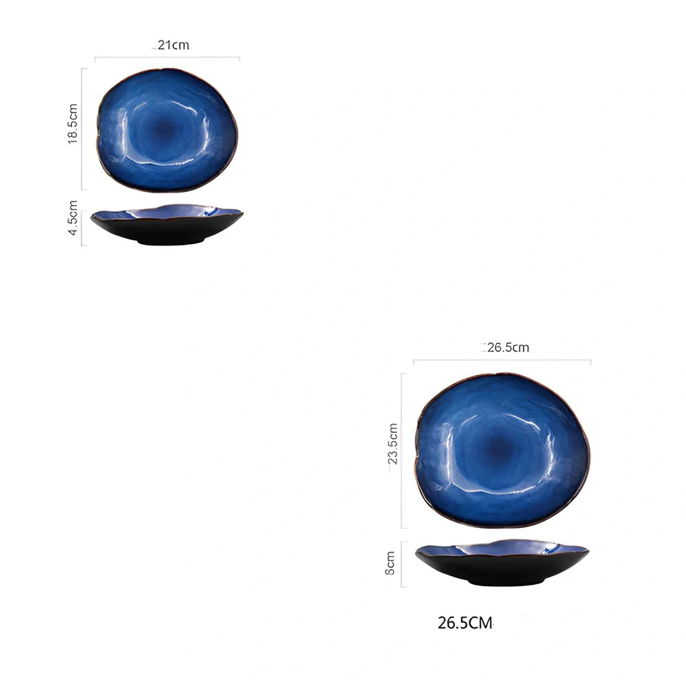 Blue irregular ceramic plate with kiln-changing glaze pattern, measuring approximately 20cm across irregular edges