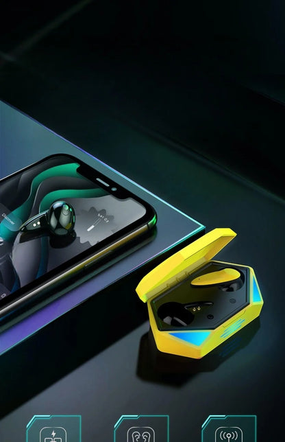 G20 Bluetooth TWS gaming headset earbuds with charging case in yellow colour