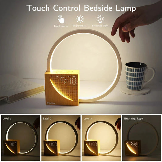 Multifunctional bedside lamp with dimmable LED lights, natural sounds, and alarm clock features
