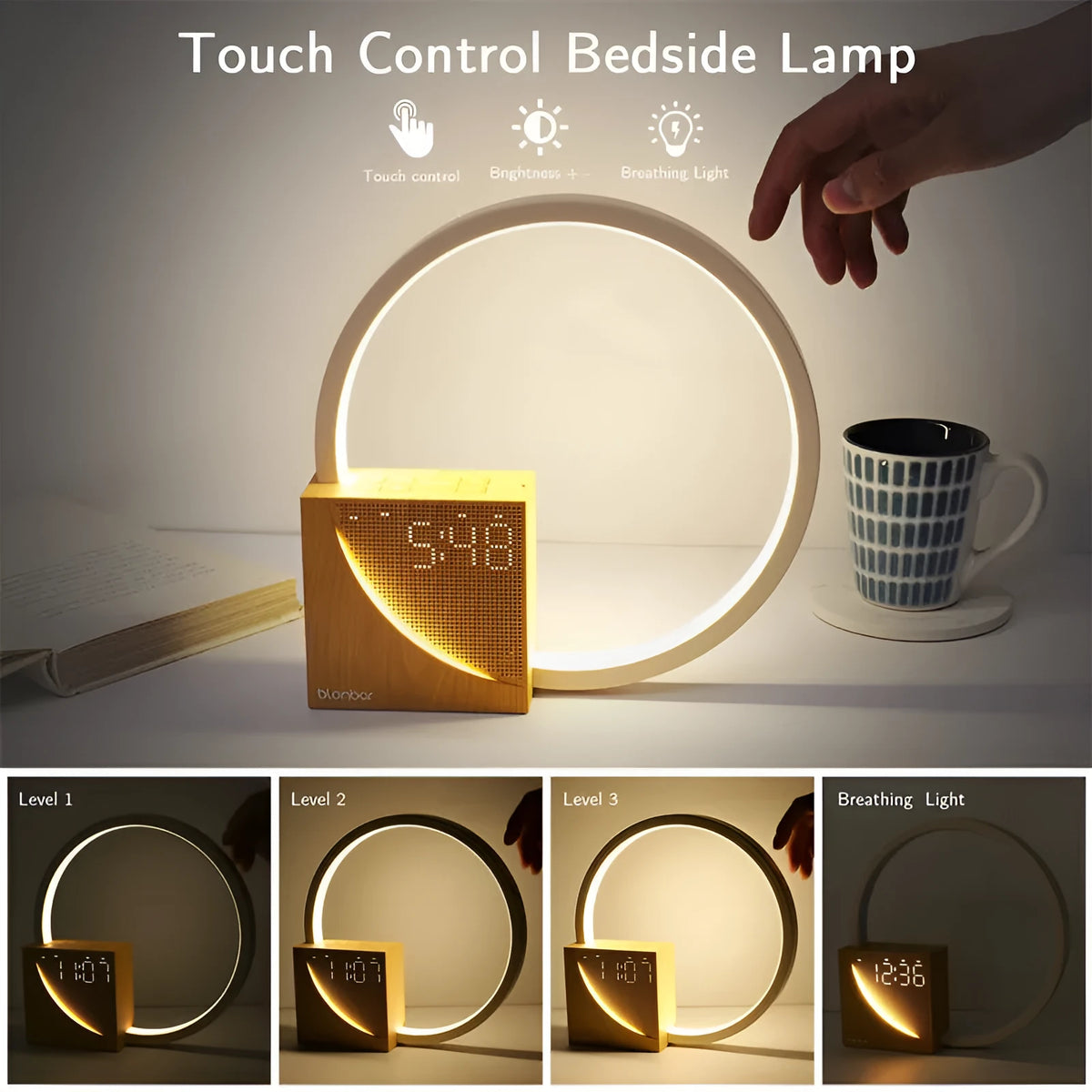 Navy blue touch control bedside lamp with digital alarm clock display and natural sounds functions