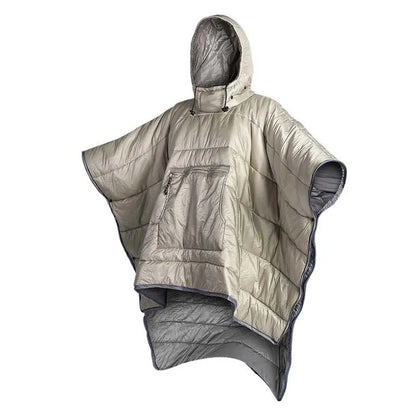 Adult outdoor cloak sleeping bag in Army Green or Grey, showing wearable design and 200x140cm dimensions