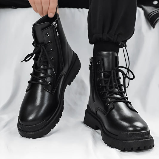 Men's black mid-top boots with waterproof PU upper and non-slip rubber soles