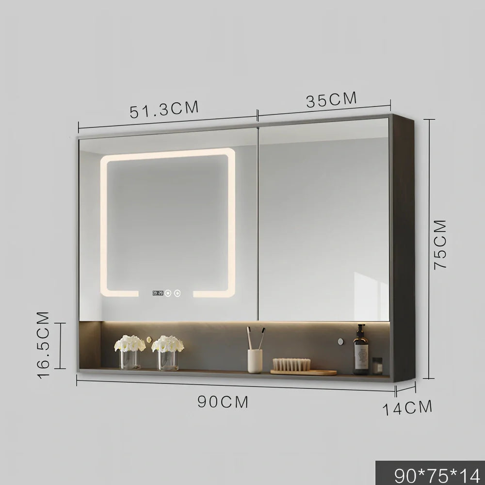 Wall-mounted bathroom mirror cabinet with LED lights and anti-fog technology in solid wood construction
