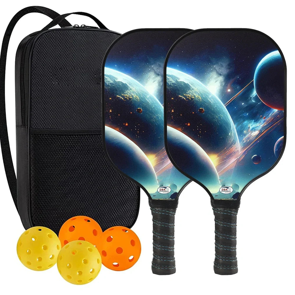 Peak Racket fibreglass squash set showing two rackets and four balls for complete playing equipment