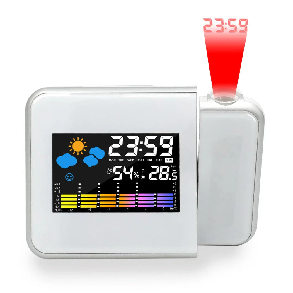 Multifunctional digital alarm clock with projection display, thermometer, hygrometer, and weather forecast