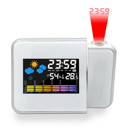 Multifunctional digital alarm clock with projection display, thermometer, hygrometer, and weather forecast