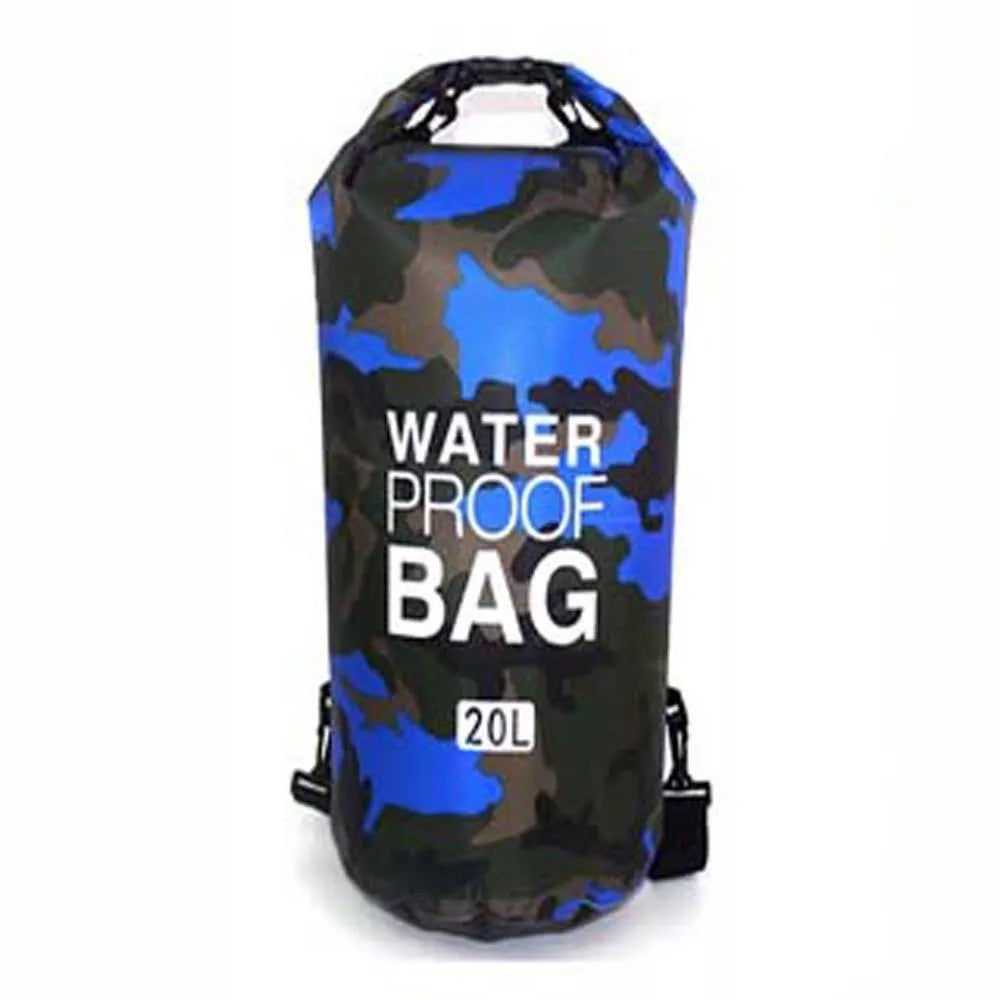Camouflage polyester waterproof bag with PVC for outdoor activities, available in multiple colors and sizes.