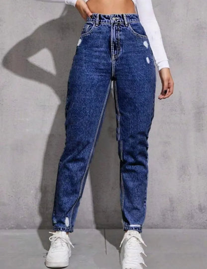 Women's ripped washed skinny jeans in cotton denim with medium stretch, high or mid waist, light blue to dark blue, S to 2XL.
