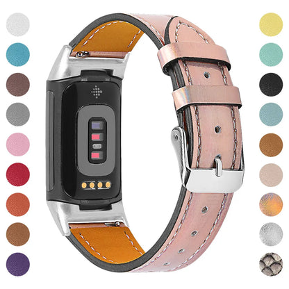 Genuine leather strap for Fitbit charge5 and charge6 in selected colour with adjustable buckle showing 5.5-8.1 inch length