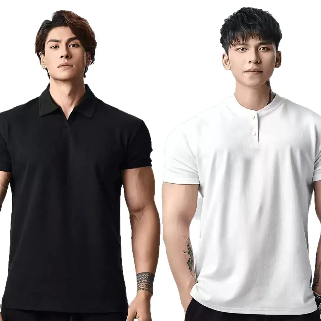 Men's loose fit retro T-shirt shown in black with a Henry collar on a mannequin.