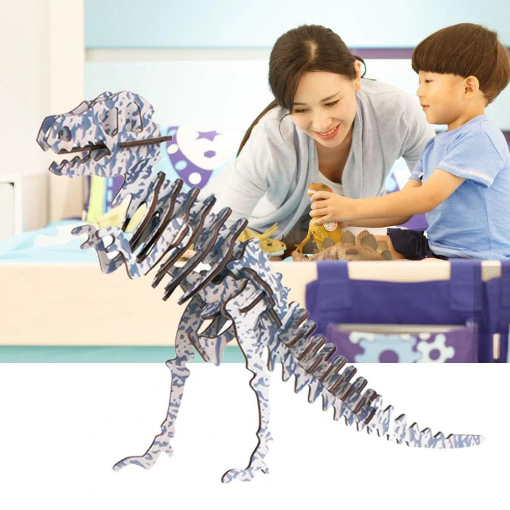 A 3D wooden puzzle model of a dinosaur with various color options