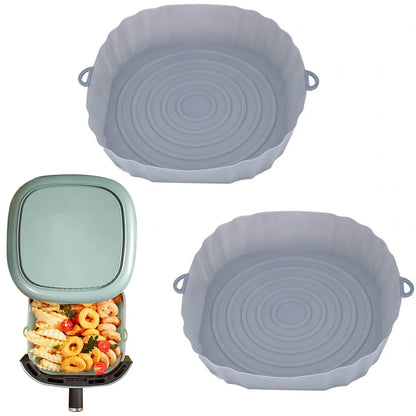 Silicone air fryer basket liner in light grey colour showing 4.5cm depth and flexible design for round air fryers