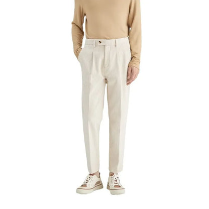 Men's straight-leg corduroy trousers in beige, black, and brown gray colours showing mid-waist and loose fit