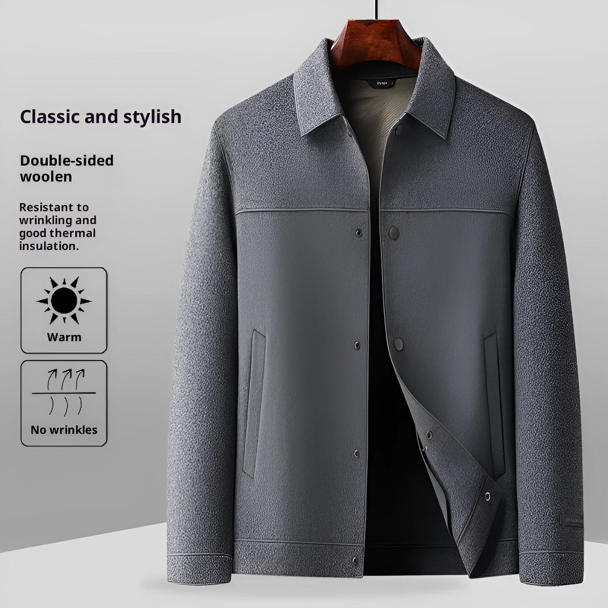 Men's double-faced wool lapel jacket in gray, black, or khaki, solid colour casual fit, sizes M to XXXXL