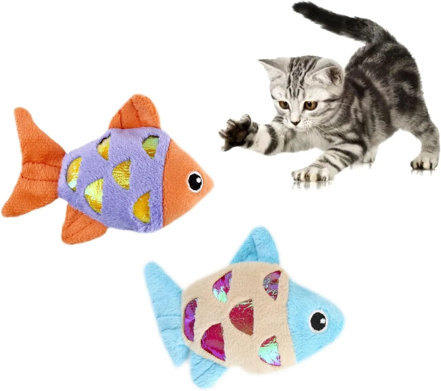Two plush fish cat toys in blue and orange with catnip and crinkle sound features