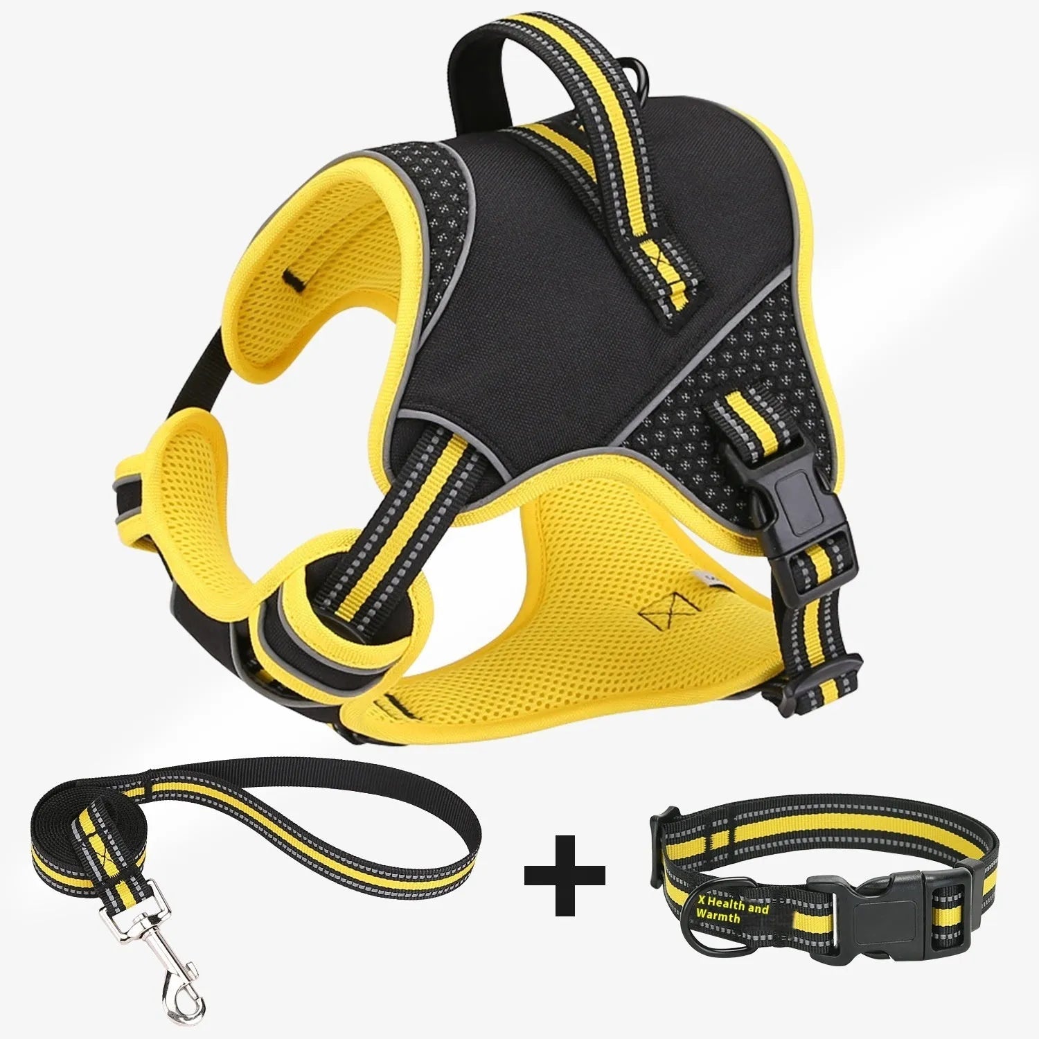 Orange polyester dog harness with integrated traction strap shown on a model, sized for medium dogs.