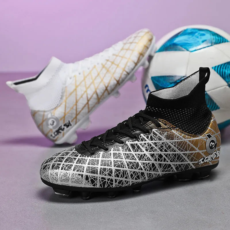 Pair of football boots with rubber studded sole, tall crown upper and front laces, for natural lawn and artificial grass
