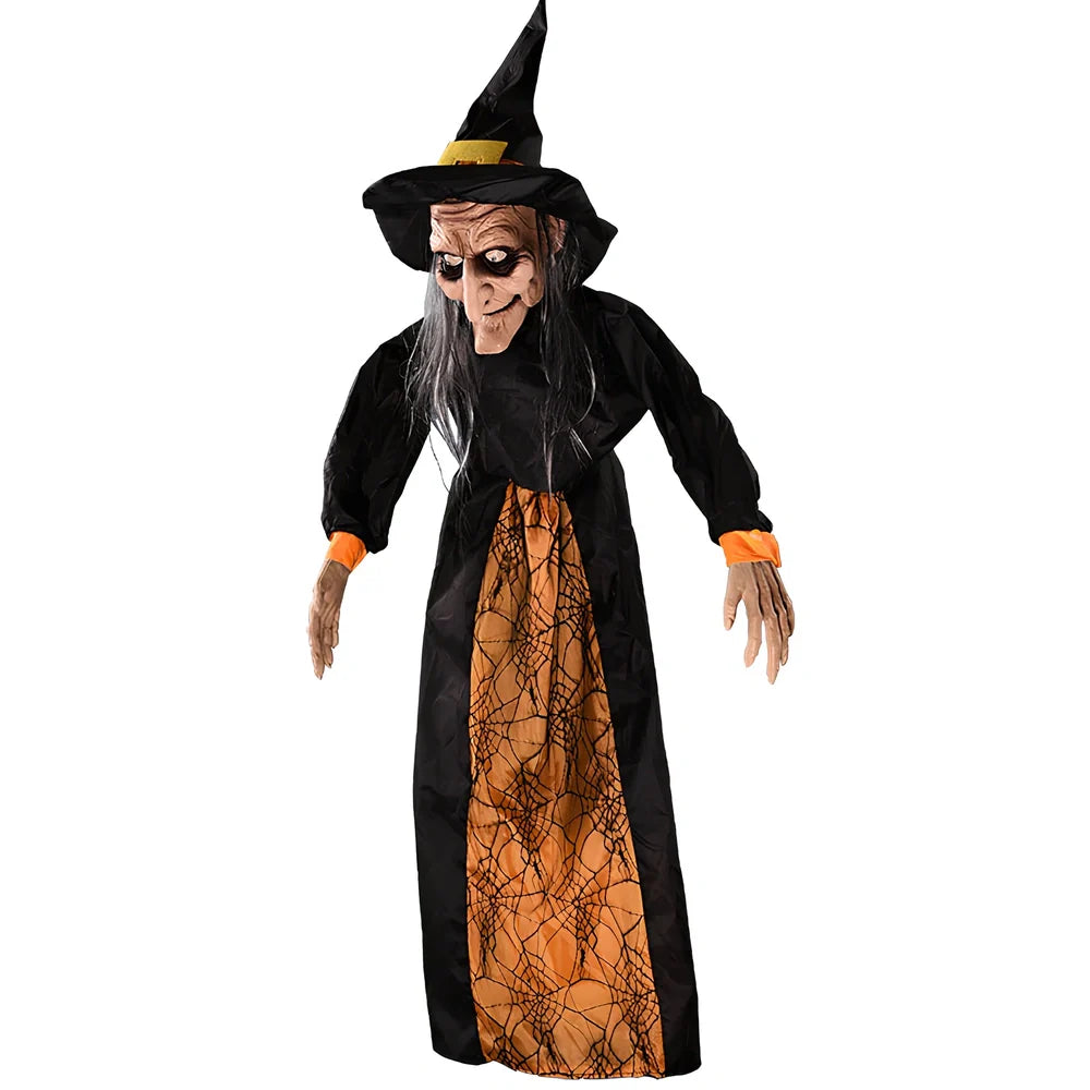 Voice-activated Halloween witch decoration with motion-sensing technology in black or purple colour options