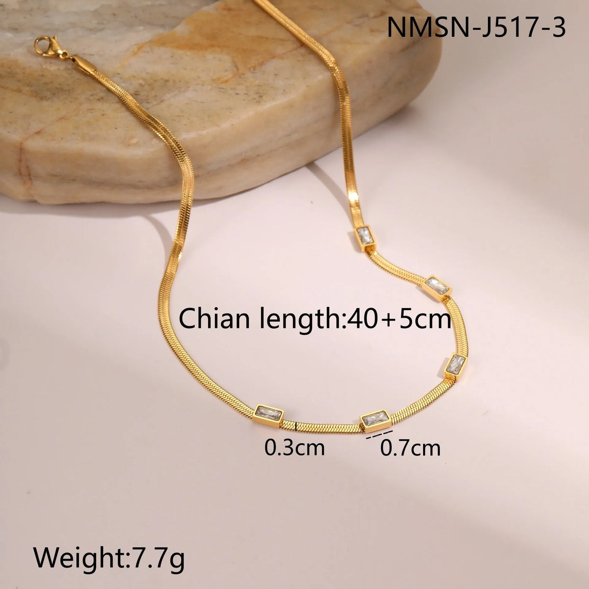 Retro geometric square zircon necklace with stainless steel construction and 18K gold plating on flat snake chain