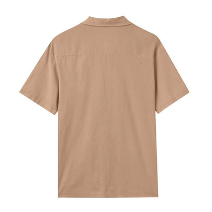 Lapel collar short sleeve linen shirt and shorts set with pockets, loose casual summer two-piece in solid colour