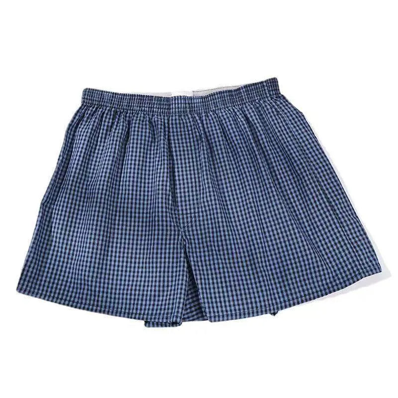 Men's cotton loose boxer shorts plus size mid waist breathable in blue, black and white plaid, red plaid
