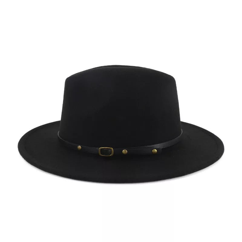 Woolen flat brim fedora jazz hat in black and red, perfect for winter warmth and style
