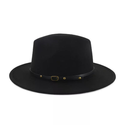 Woolen flat brim fedora jazz hat in black and red, perfect for winter warmth and style