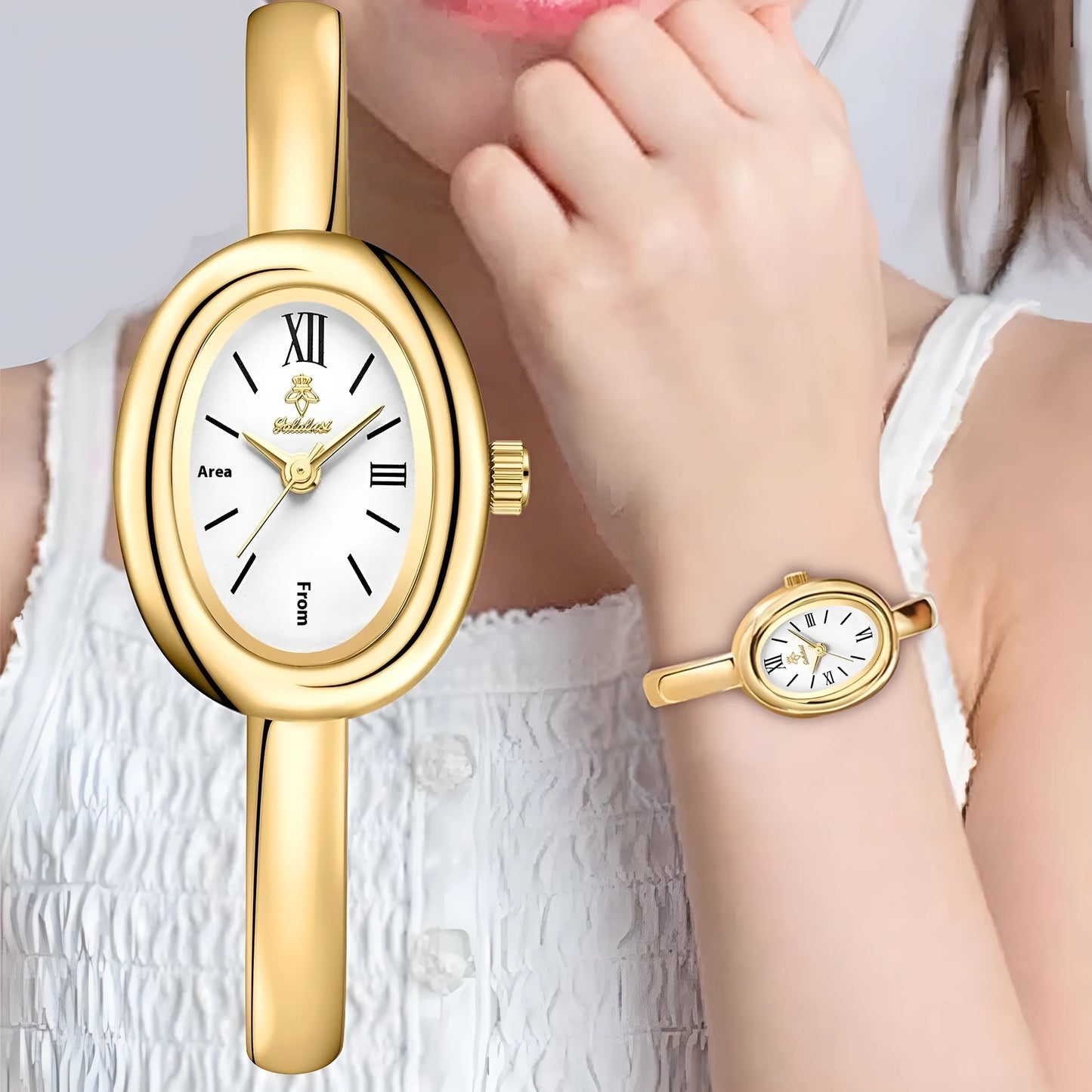 Women's oval retro quartz watch in gold colour with slim 8mm case thickness