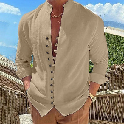 Retro-inspired button-down long-sleeve casual shirt in a variety of classic colors for men